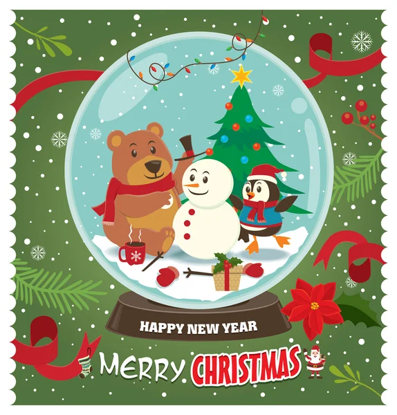 Design de cartaz de Natal vintage com boneco de neve e urso — Vetor de Stock