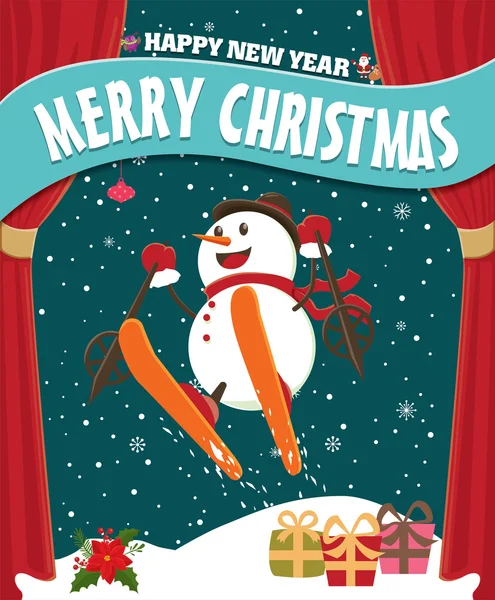 Vintage christmas poster design mit schneemann — Stockvektor