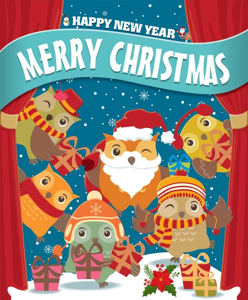 Poster de Noël vintage design avec des hiboux — Image vectorielle