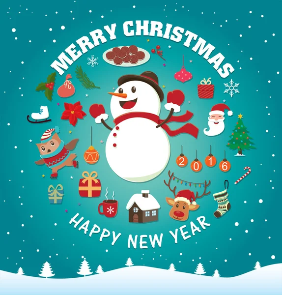 Diseño de póster de Navidad vintage con muñeco de nieve — Vector de stock