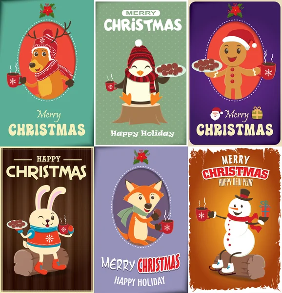 Juego de diseño de póster de Navidad Vintage — Archivo Imágenes Vectoriales