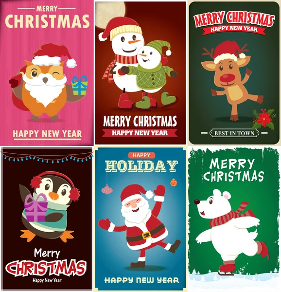 Вінтажний різдвяний набір плакатів — стоковий вектор