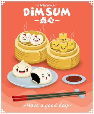 Vintage dim sum poster tasarım seti. Çince metin küçük haşlanmış veya kızarmış lezzetli köfte bir aperatif veya ana yemek servis çeşitli dolgular içeren bir Çin yemek anlamına gelir..