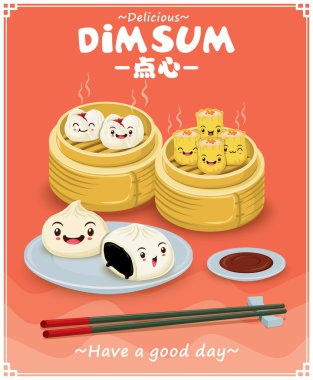 Vintage dim sum poster design set. Chinese text means a Chinese dish of small steamed or fried savory dumplings containing various fillings, served as a snack or main course. clipart