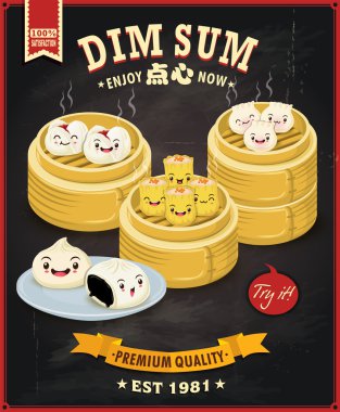 Vintage dim sum poster tasarım seti. Çince metin küçük haşlanmış veya kızarmış lezzetli köfte bir aperatif veya ana yemek servis çeşitli dolgular içeren bir Çin yemek anlamına gelir..