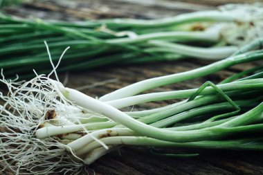 Ahşap arka planda yeşil taze soğan