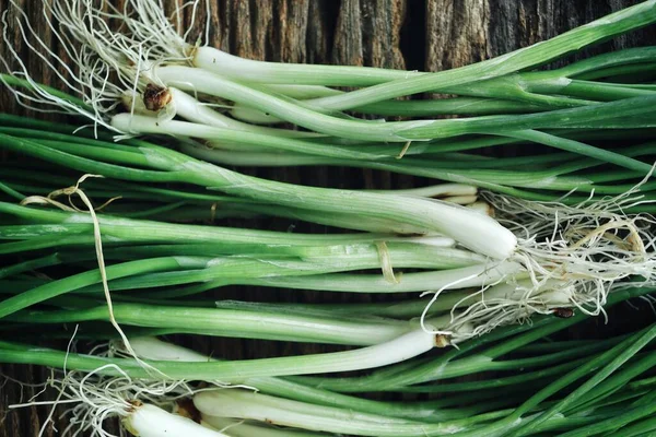 Green Spring Onions Wood Background — Stock Photo, Image