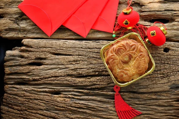 Festival Bolo Lua Envelope Vermelho Sobremesa Chinesa — Fotografia de Stock