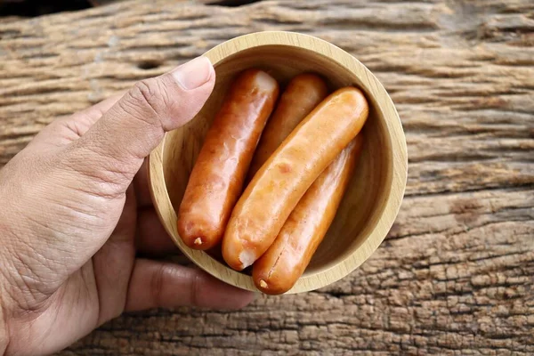 Sausage Pork Wood Bowl Brown Background — Stock Photo, Image