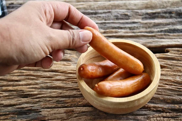 Sausage Pork Wood Bowl Brown Background — Stock fotografie