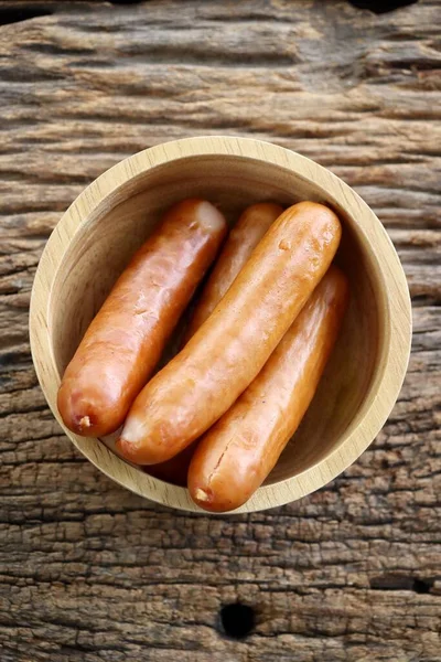 Sausage Pork Wood Bowl Brown Background — Stock Photo, Image