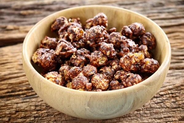 Chocolate Covered Popcorn Wood Bowl Brown Table — Stock Photo, Image