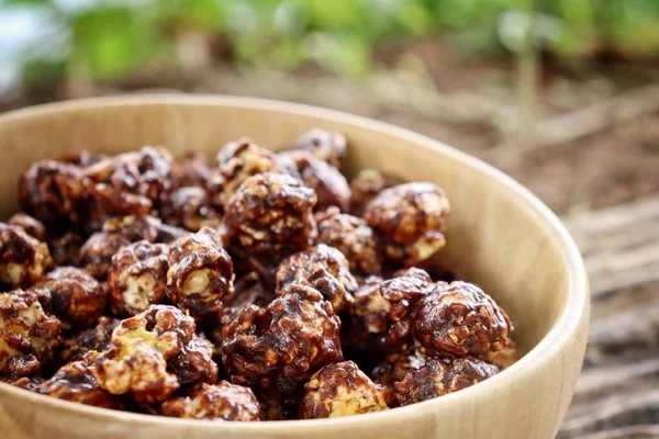 Chocolate Covered Popcorn Wood Bowl Brown Table — Stock Photo, Image