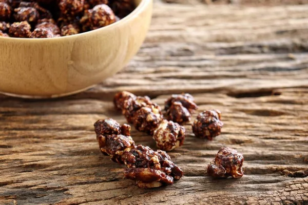 Chocolate Covered Popcorn Wood Bowl Brown Table — Stock Photo, Image