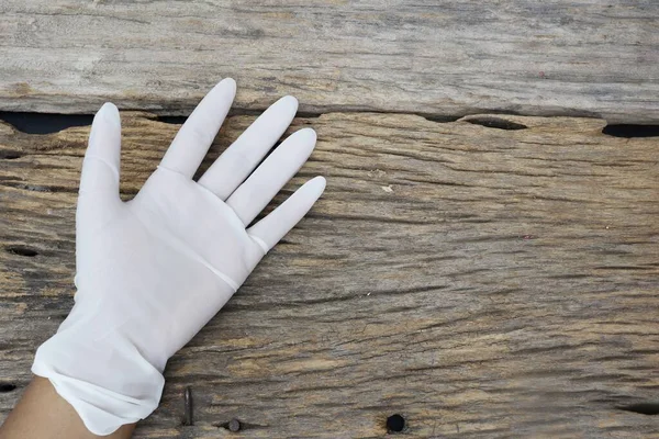 Rubber Gloves Medical Surgical Gloves Latex Glove Wood Table Background — Stock Photo, Image