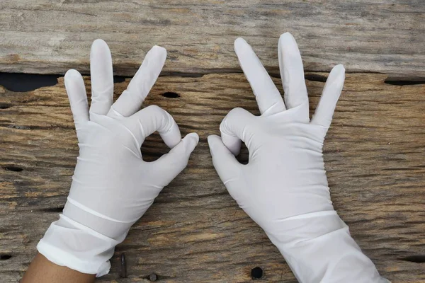 Rubber Gloves Medical Surgical Gloves Latex Glove Wood Table Background — ストック写真