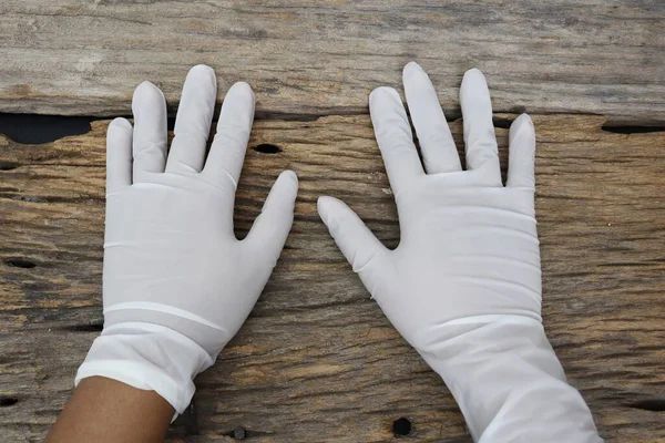 Rubber Gloves Medical Surgical Gloves Latex Glove Wood Table Background — Stock Fotó