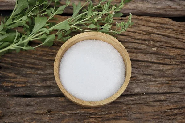 Stevia Cukr Granulovaný Cukr Misce Pozadí Dřevěného Stolu — Stock fotografie