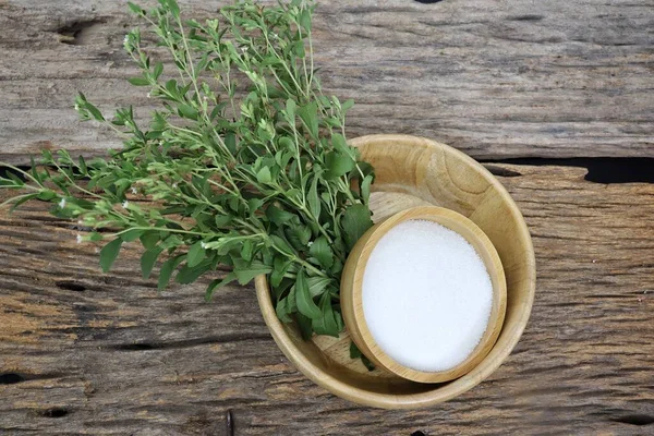 Stevia Cukr Granulovaný Cukr Misce Pozadí Dřevěného Stolu — Stock fotografie