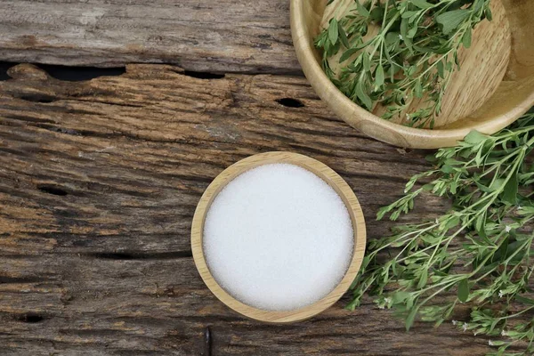 Stevia Cukr Granulovaný Cukr Misce Pozadí Dřevěného Stolu — Stock fotografie