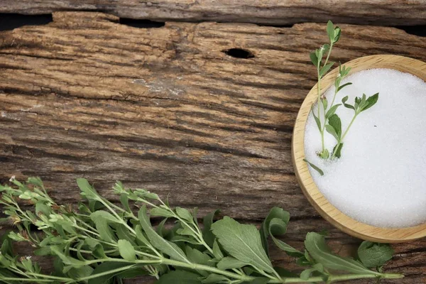 Stevia Cukr Granulovaný Cukr Misce Pozadí Dřevěného Stolu — Stock fotografie