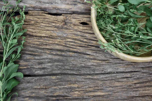 Zelené Stevia Cukr Listy Hnědém Dřevěném Stole Pozadí — Stock fotografie