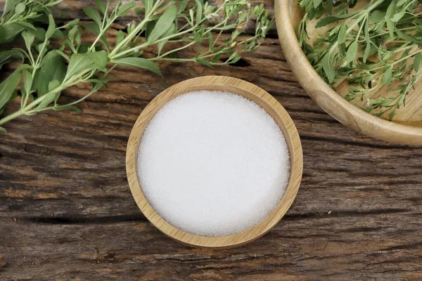 Stevia Cukr Granulovaný Cukr Misce Pozadí Dřevěného Stolu — Stock fotografie