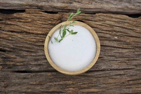 Azúcar Stevia Azúcar Granulada Tazón Sobre Fondo Mesa Madera — Foto de Stock