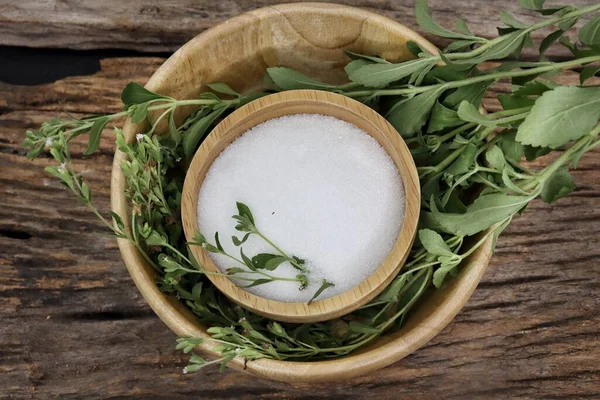 Stevia Cukr Granulovaný Cukr Misce Pozadí Dřevěného Stolu — Stock fotografie