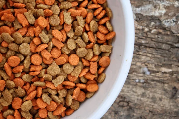 Dried Cat Food Bowl Old Wood Table Background — Stock Photo, Image