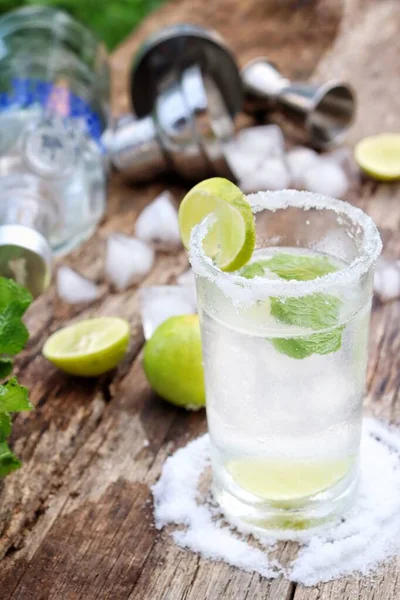 Göra Margarita Cocktail Kalk Salt Och Mynta Blad — Stockfoto