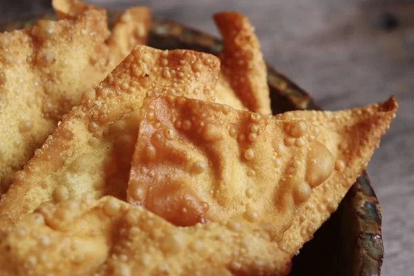 Dumpling Frito Comida China Sobre Fondo Tabla Madera — Foto de Stock