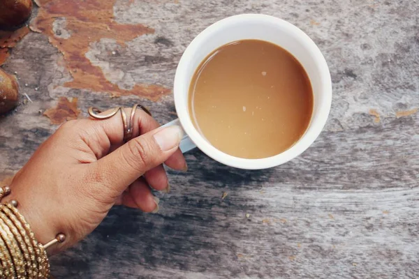 Hot Coffee Cup Hand Brown Wood Table Background — Stock Fotó