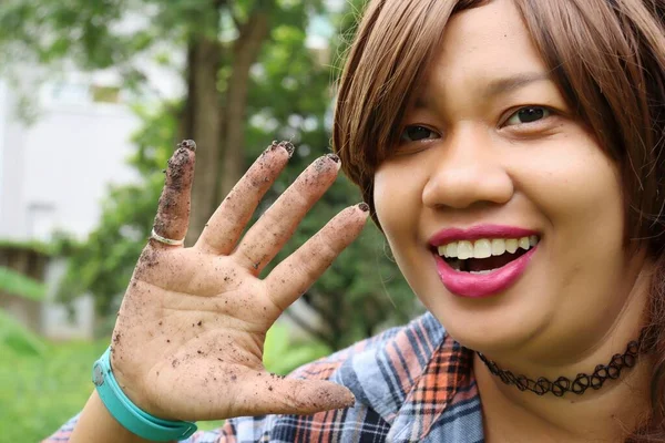 Portrait Asia Woman Happy Smile Soil Hand Gardening Concepts —  Fotos de Stock