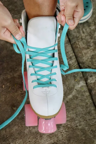 Close Whith Shoes Rollerblade Leg Road — Stock Photo, Image