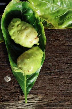 Close up of noni tropical fruit on wood background