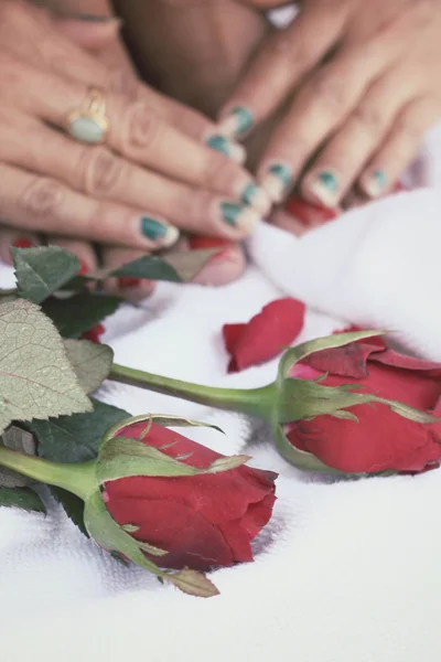 Woman foot and hands with red rose — Stock Photo, Image