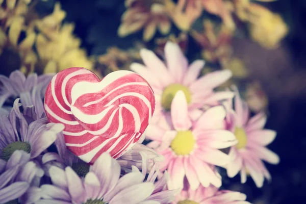 Valentinky srdce Candy s květinami — Stock fotografie