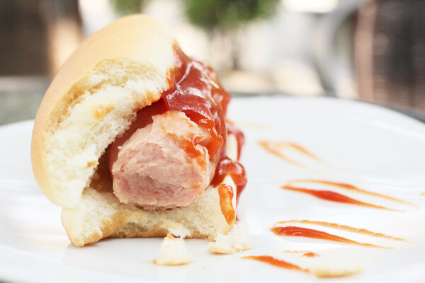 Fast food hot dog with ketchup