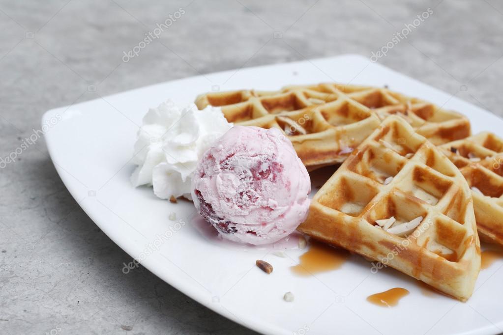 Belgium waffles with ice cream 