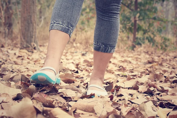 Femme marche avec des chaussures sur les feuilles d'automne — Photo