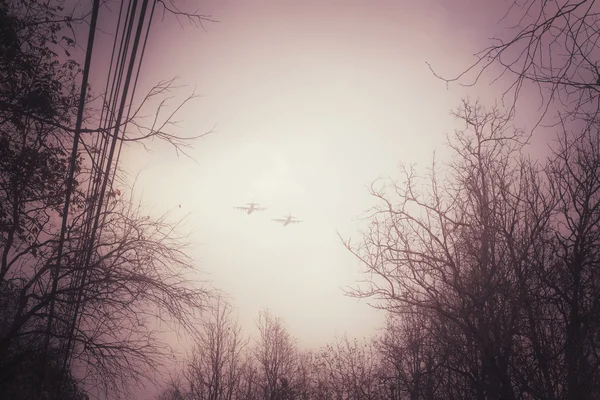 Militärflugzeug mit Wald — Stockfoto