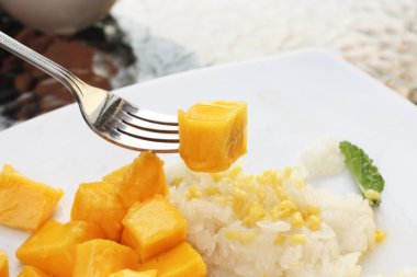 Olgun mango ve Hindistan cevizi sütü ile yapışkan pirinç