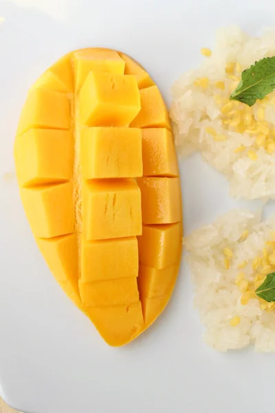 Olgun mango ve Hindistan cevizi sütü ile yapışkan pirinç — Stok fotoğraf