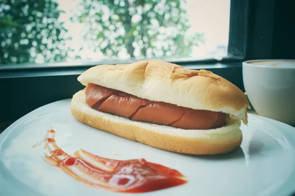 Perro caliente de comida rápida con salsa de tomate — Foto de Stock
