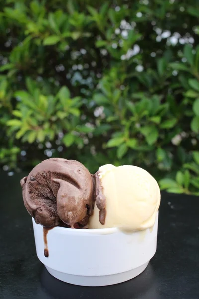 Csokoládé, eper és vanília fagylalttal — Stock Fotó