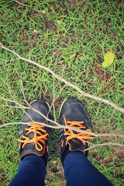 Selfie von Turnschuhen mit Ast — Stockfoto