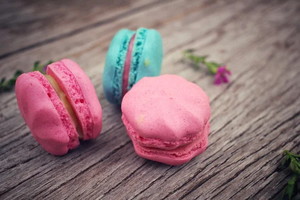 Französische Makronen mit rosa Blüten — Stockfoto