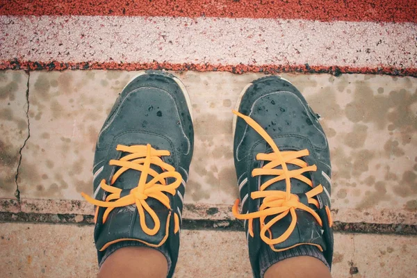 Selfie of sport shoes on track — Stock Photo, Image