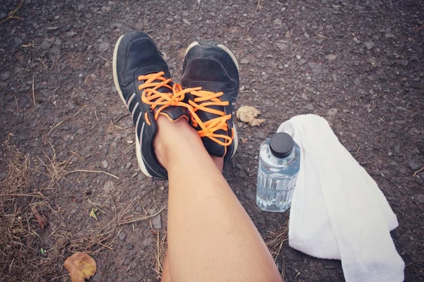 Selfie of sport shoes with water drink — Stock Photo, Image